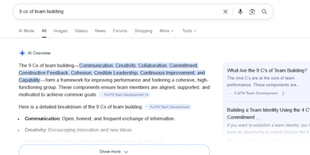 FullTilt Team Development AI Overview screenshot