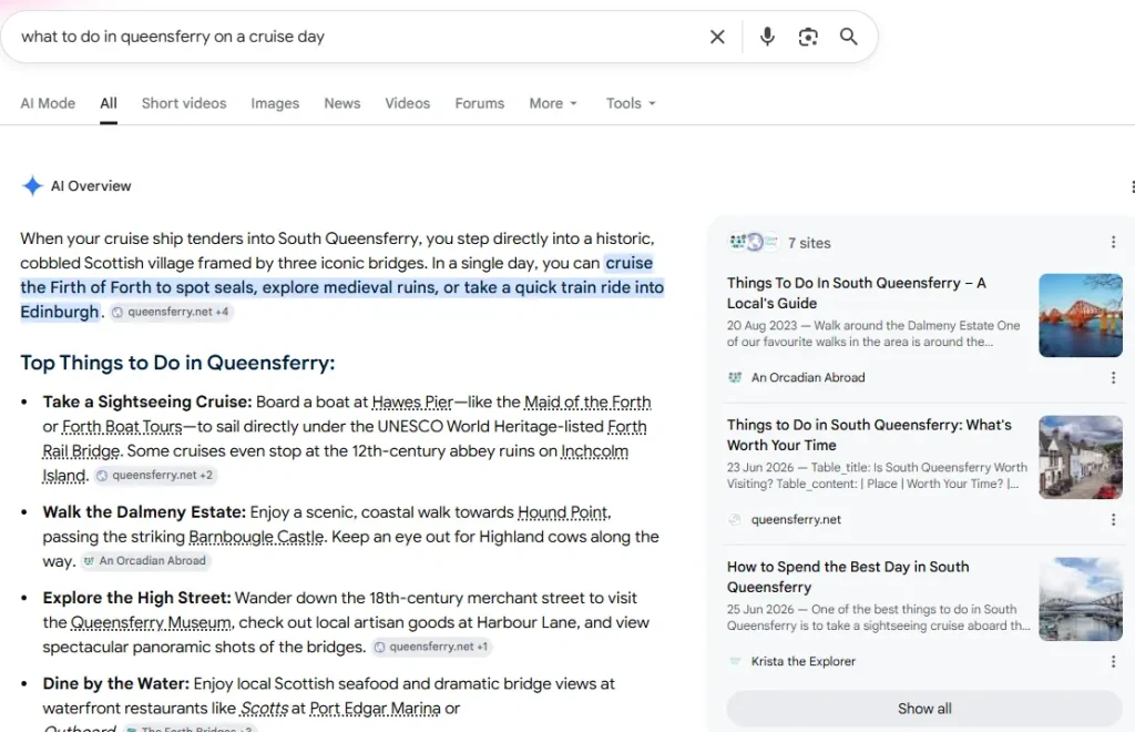 Google AI Overview showing Queensferry.net cited for cruise day searches about things to do in South Queensferry.