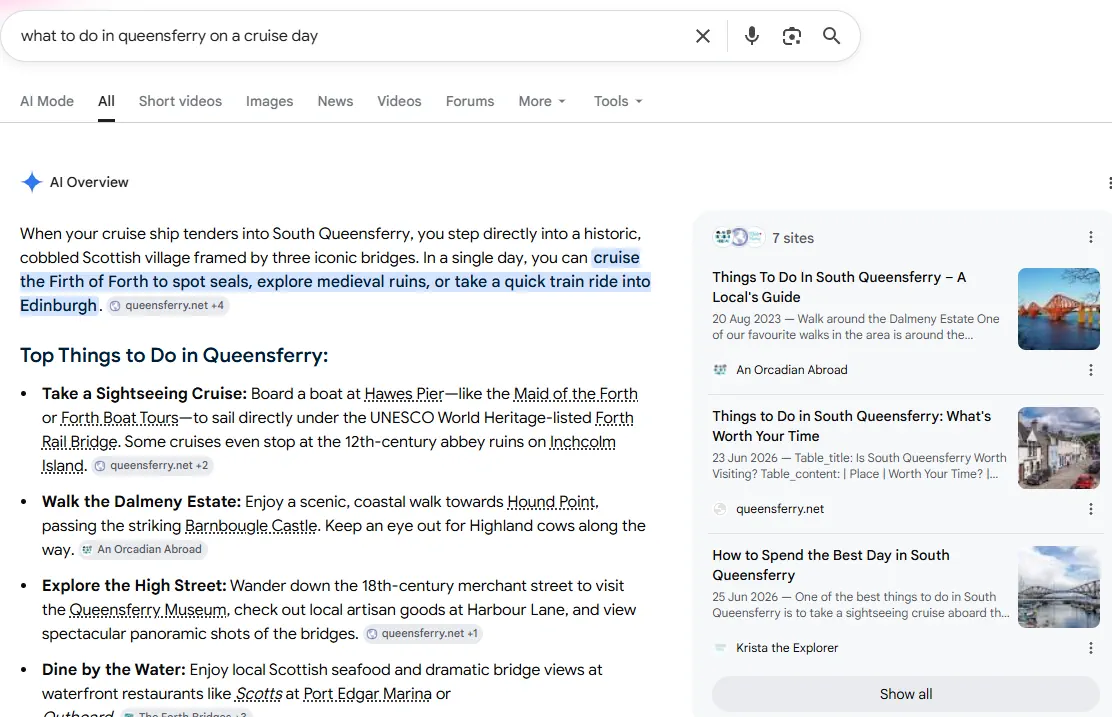 Google AI Overview showing Queensferry.net cited for cruise day searches about things to do in South Queensferry.