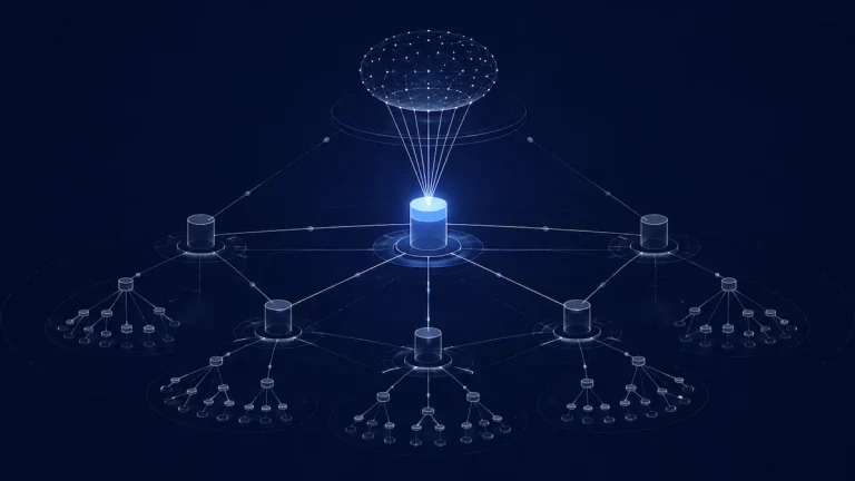 Abstract technical diagram showing a glowing pillar-and-cluster site structure, created for a Queensferry.net case study on Google AI Overview citations.