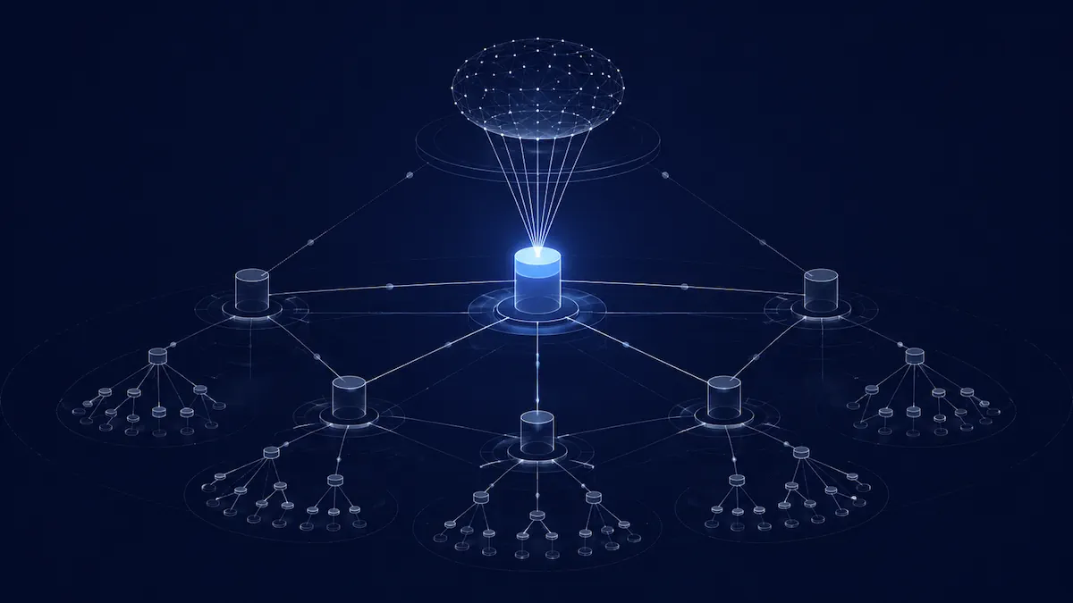 Abstract technical diagram showing a glowing pillar-and-cluster site structure, created for a Queensferry.net case study on Google AI Overview citations.