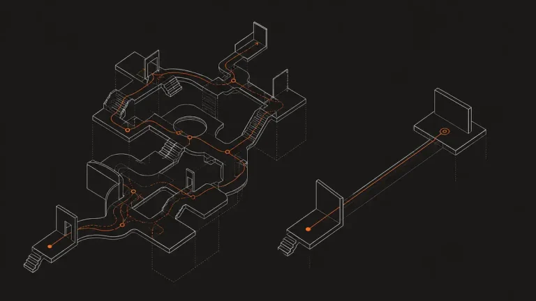 Abstract architectural diagram showing a winding rust-orange visitor path through a complex website structure beside a shorter direct path to a single endpoint.