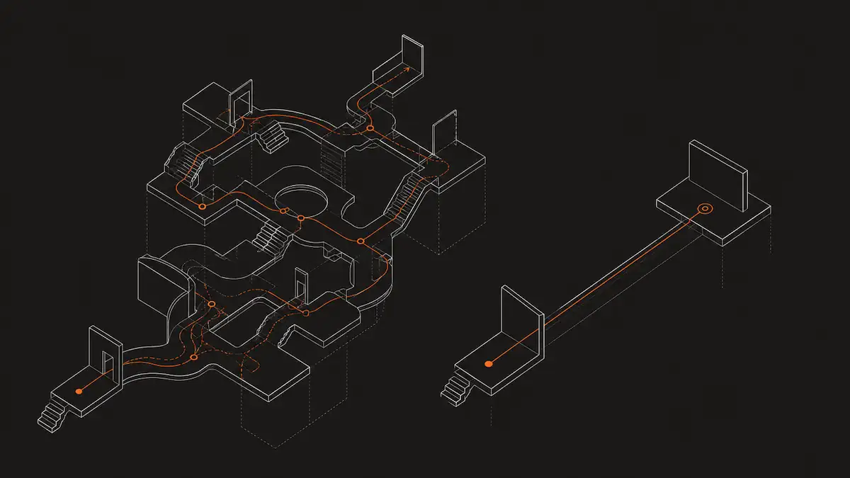 Abstract architectural diagram showing a winding rust-orange visitor path through a complex website structure beside a shorter direct path to a single endpoint.